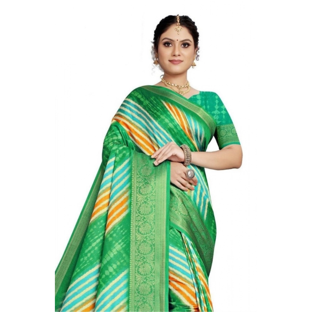 Generic Women's Cotton Silk Striped Saree With Unstitched Blouse 5.5Mtr (Green)