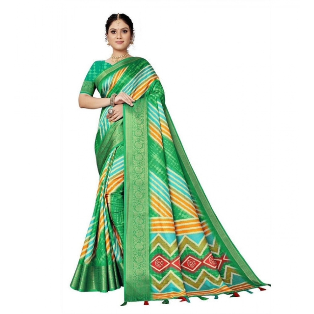 Generic Women's Cotton Silk Striped Saree With Unstitched Blouse 5.5Mtr (Green) - Image 3