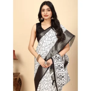Generic Women's Cotton Silk Printed Saree With Unstitched Blouse 5.5Mtr (White-Black)