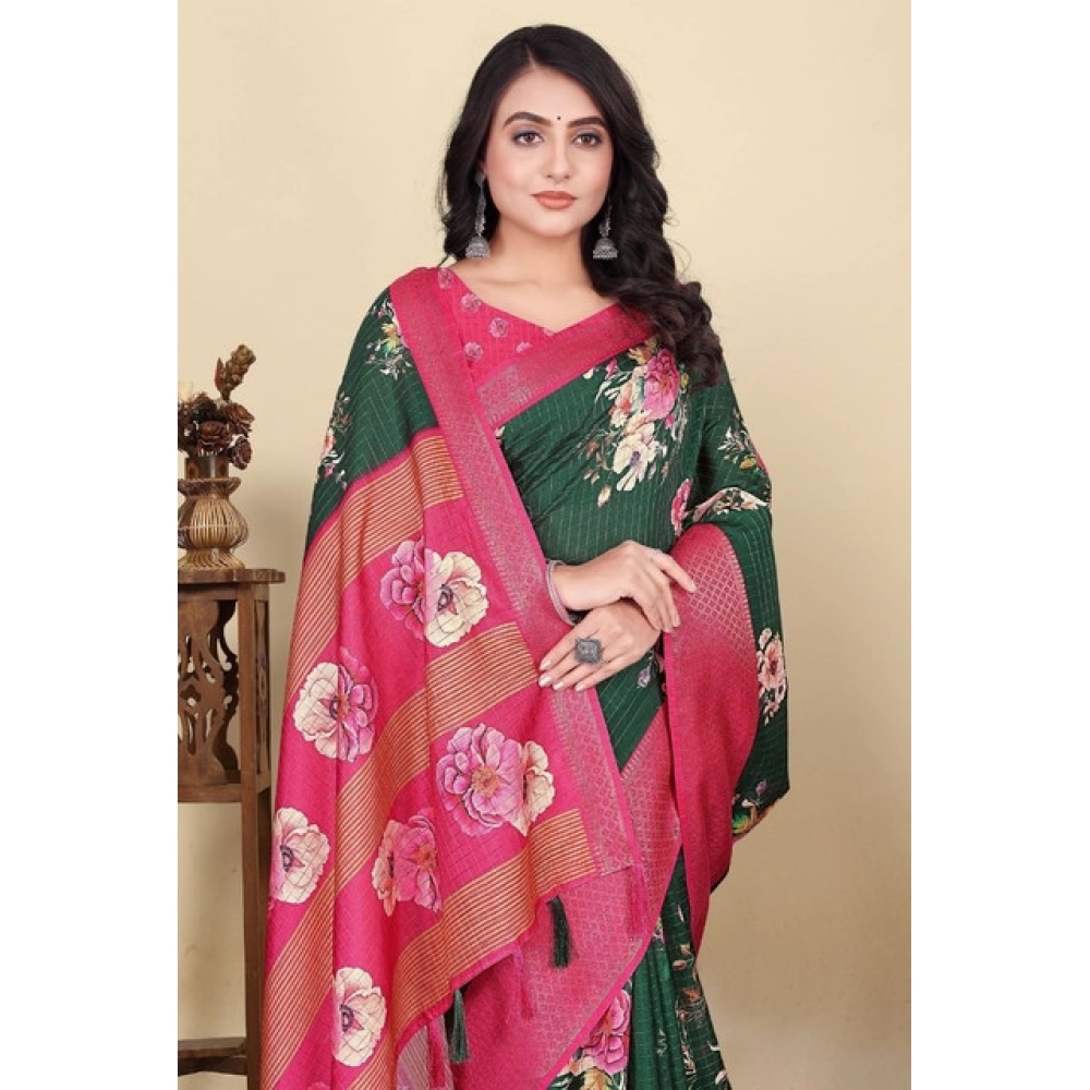 Generic Women’s Cotton Blend Floral Printed Saree With Unstitched Blouse 5.5Mtr (Green)