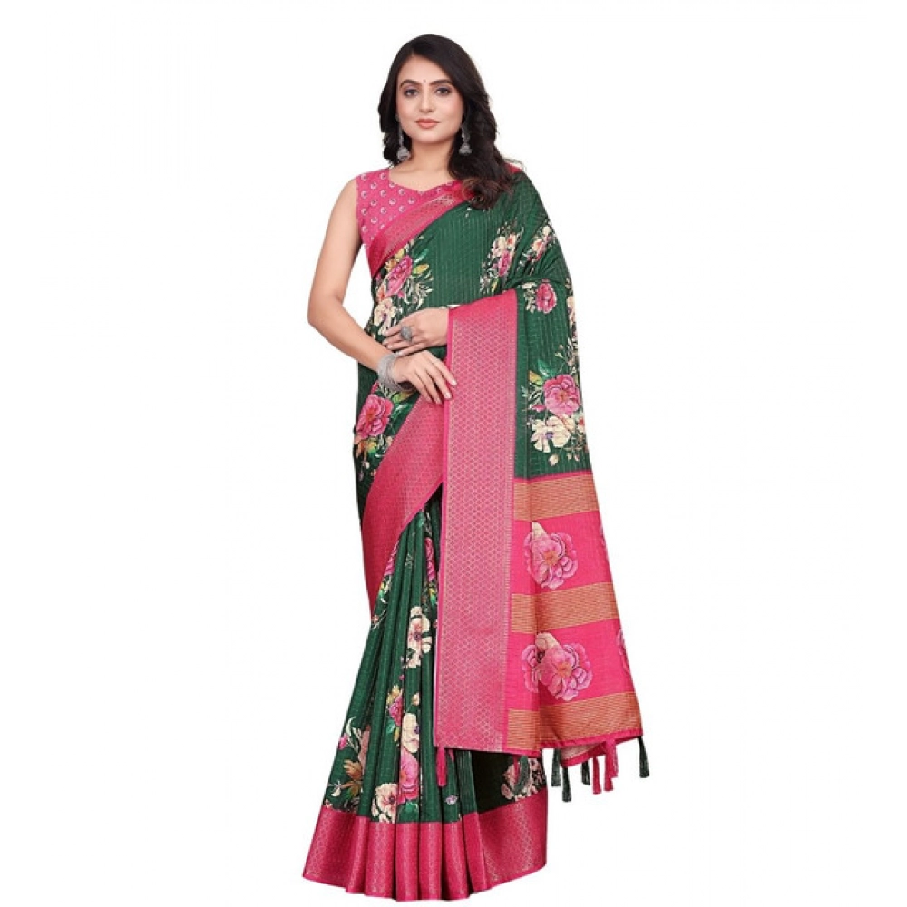 Generic Women's Cotton Blend Floral Printed Saree With Unstitched Blouse 5.5Mtr (Green) - Image 7