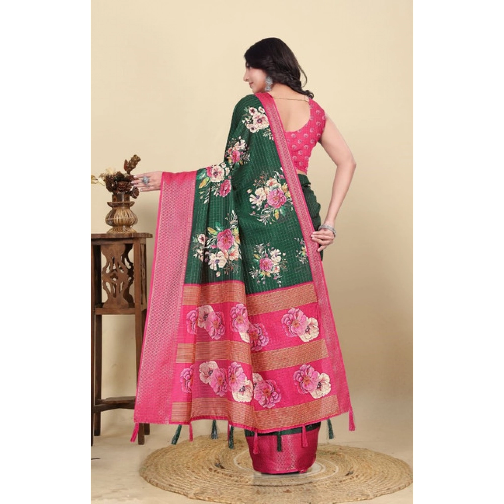 Generic Women's Cotton Blend Floral Printed Saree With Unstitched Blouse 5.5Mtr (Green) - Image 6