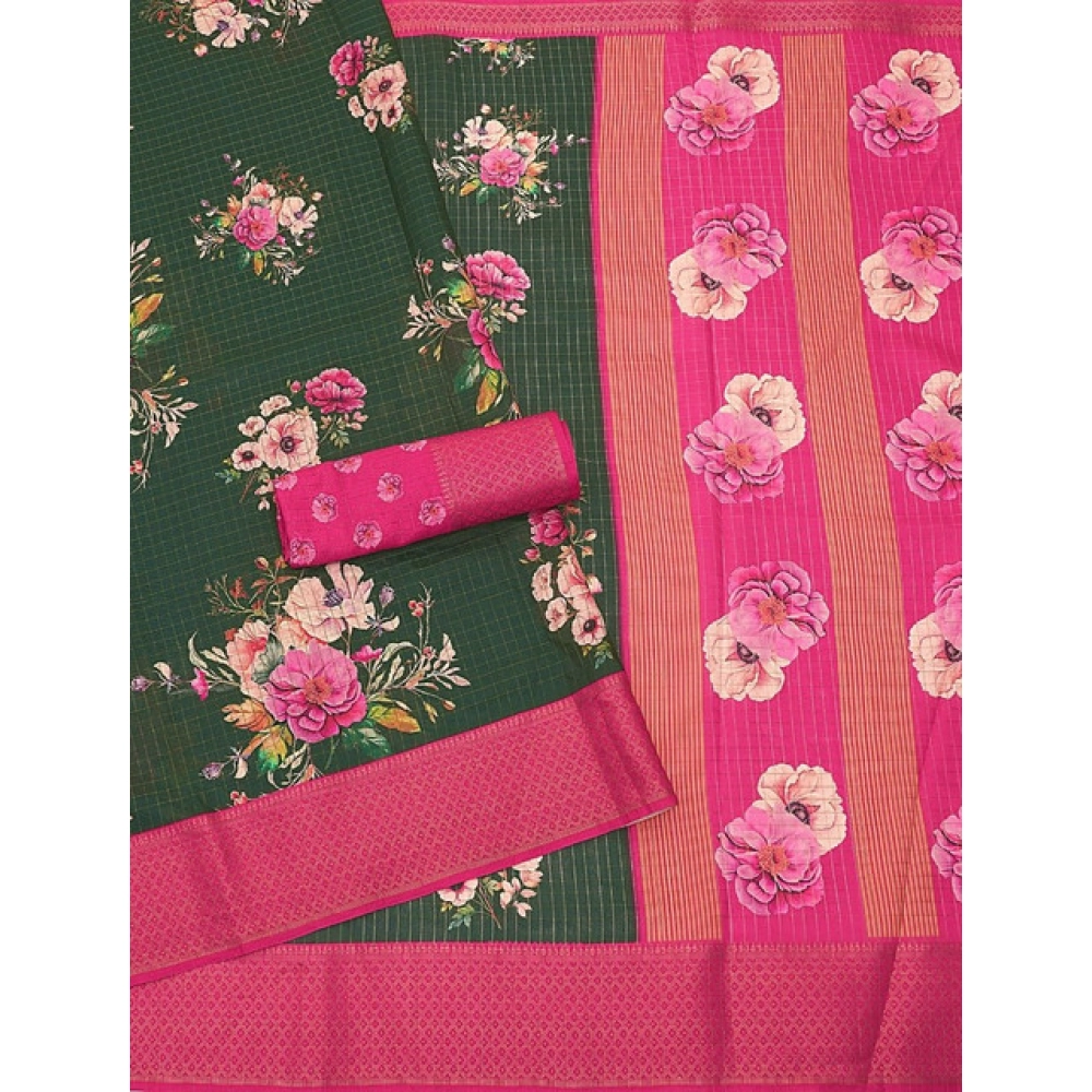 Generic Women's Cotton Blend Floral Printed Saree With Unstitched Blouse 5.5Mtr (Green) - Image 4