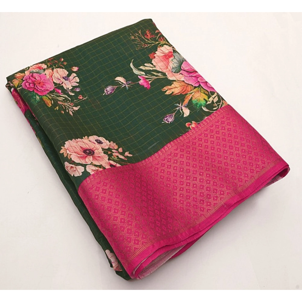 Generic Women's Cotton Blend Floral Printed Saree With Unstitched Blouse 5.5Mtr (Green) - Image 3