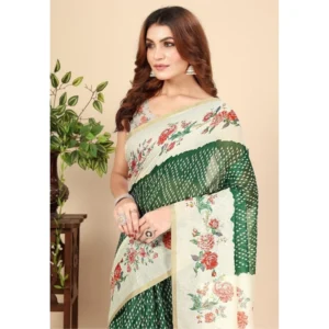 Generic Women's Chanderi Floral Printed Saree With Unstitched Blouse 5.5Mtr (Green)