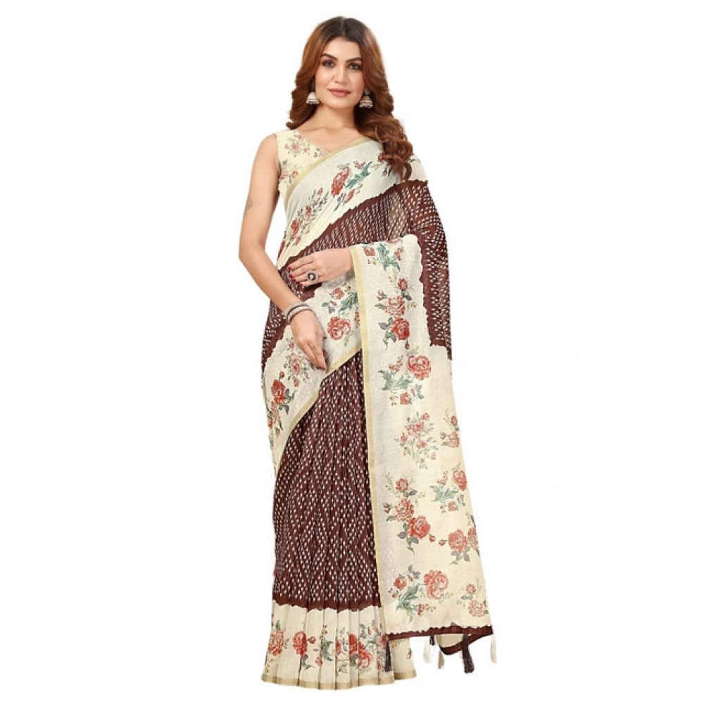 Generic Women's Chanderi Floral Printed Saree With Unstitched Blouse 5.5Mtr (Maroon) - Image 6