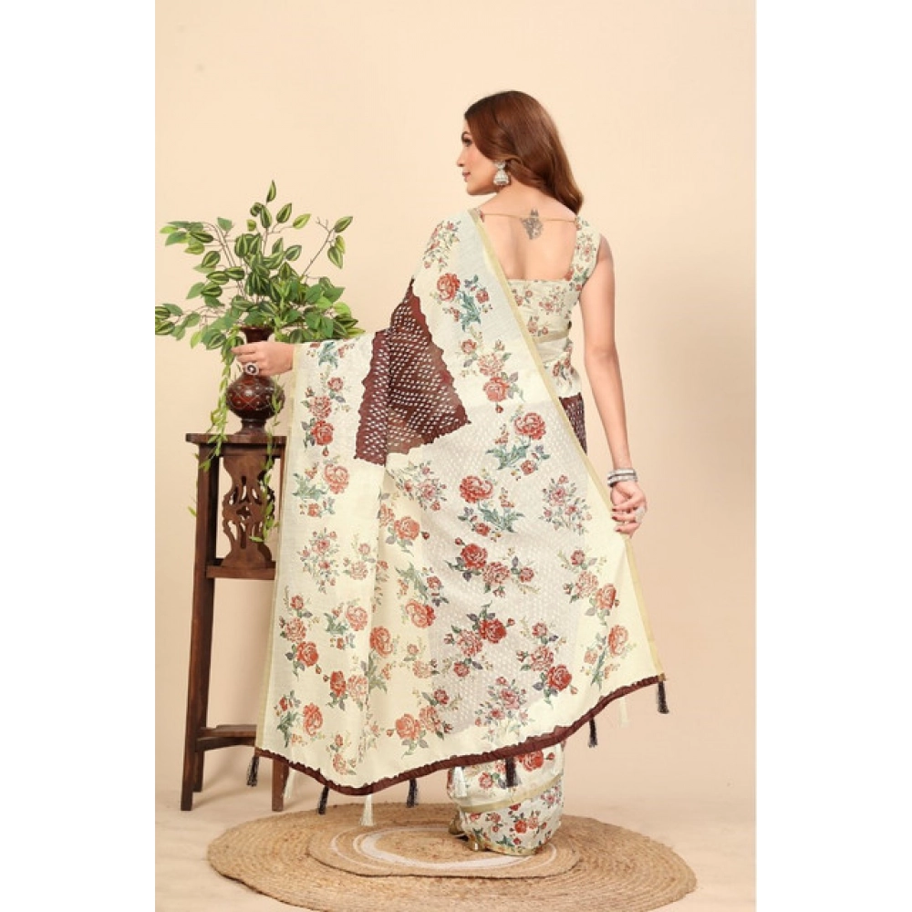 Generic Women's Chanderi Floral Printed Saree With Unstitched Blouse 5.5Mtr (Maroon) - Image 5