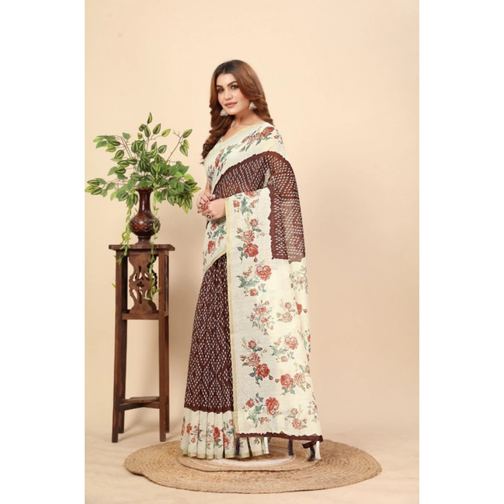 Generic Women's Chanderi Floral Printed Saree With Unstitched Blouse 5.5Mtr (Maroon) - Image 4