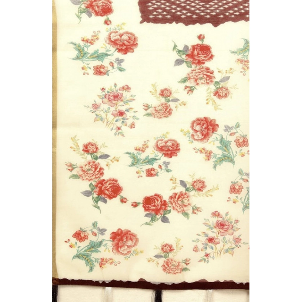 Generic Women's Chanderi Floral Printed Saree With Unstitched Blouse 5.5Mtr (Maroon) - Image 3