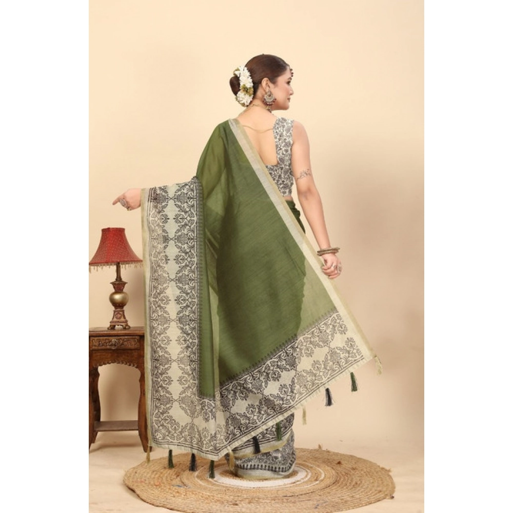Generic Women's Chanderi Printed Saree With Unstitched Blouse 5.5Mtr (Green) - Image 6