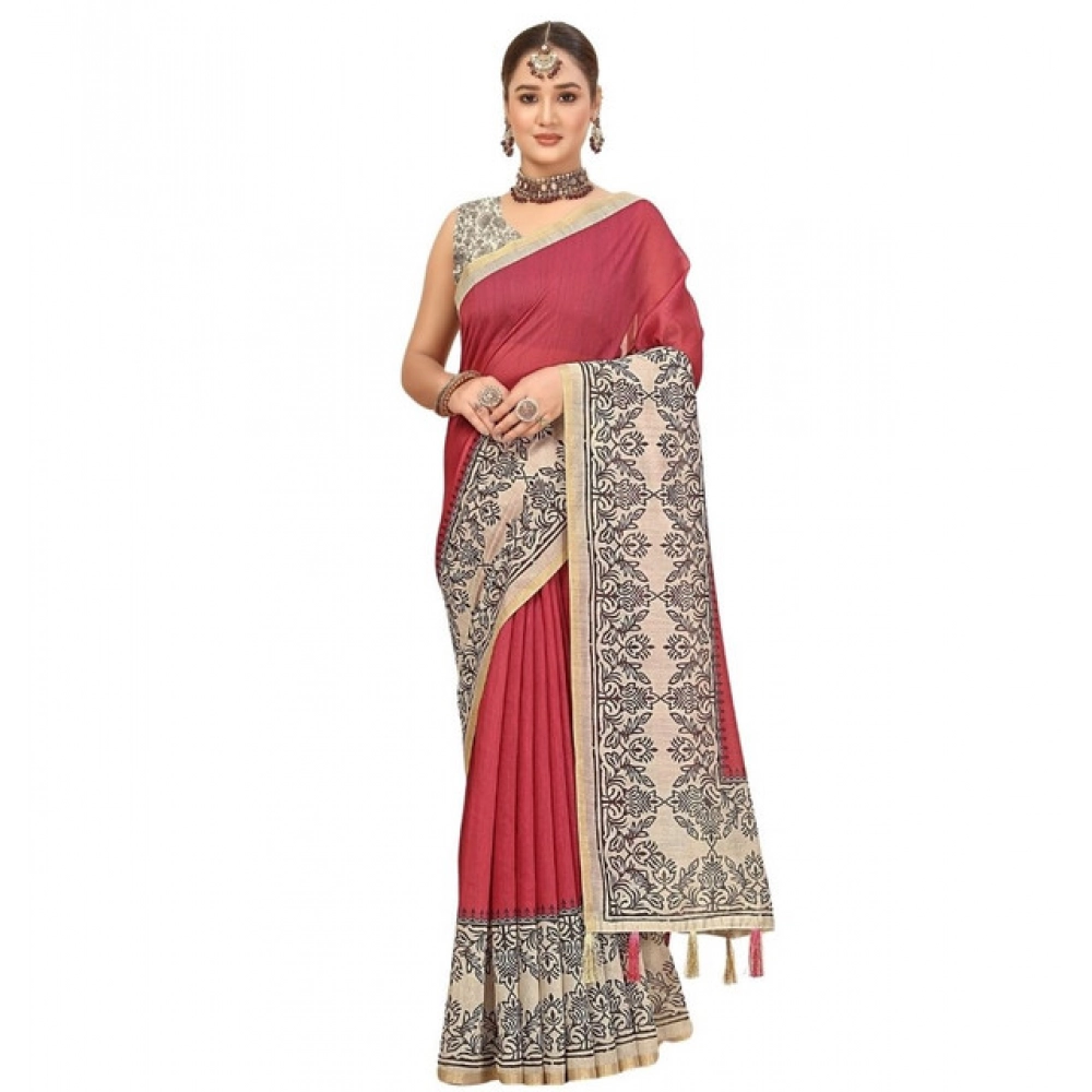 Generic Women's Chanderi Printed Saree With Unstitched Blouse 5.5Mtr (Pink) - Image 7