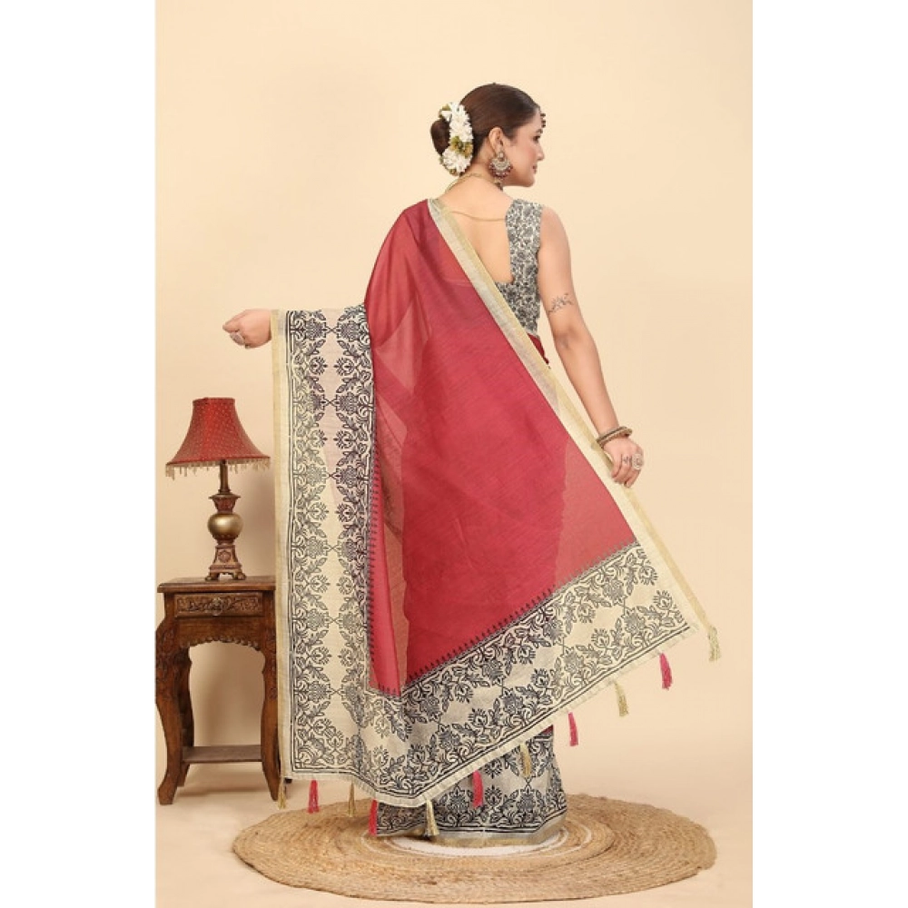 Generic Women's Chanderi Printed Saree With Unstitched Blouse 5.5Mtr (Pink) - Image 6