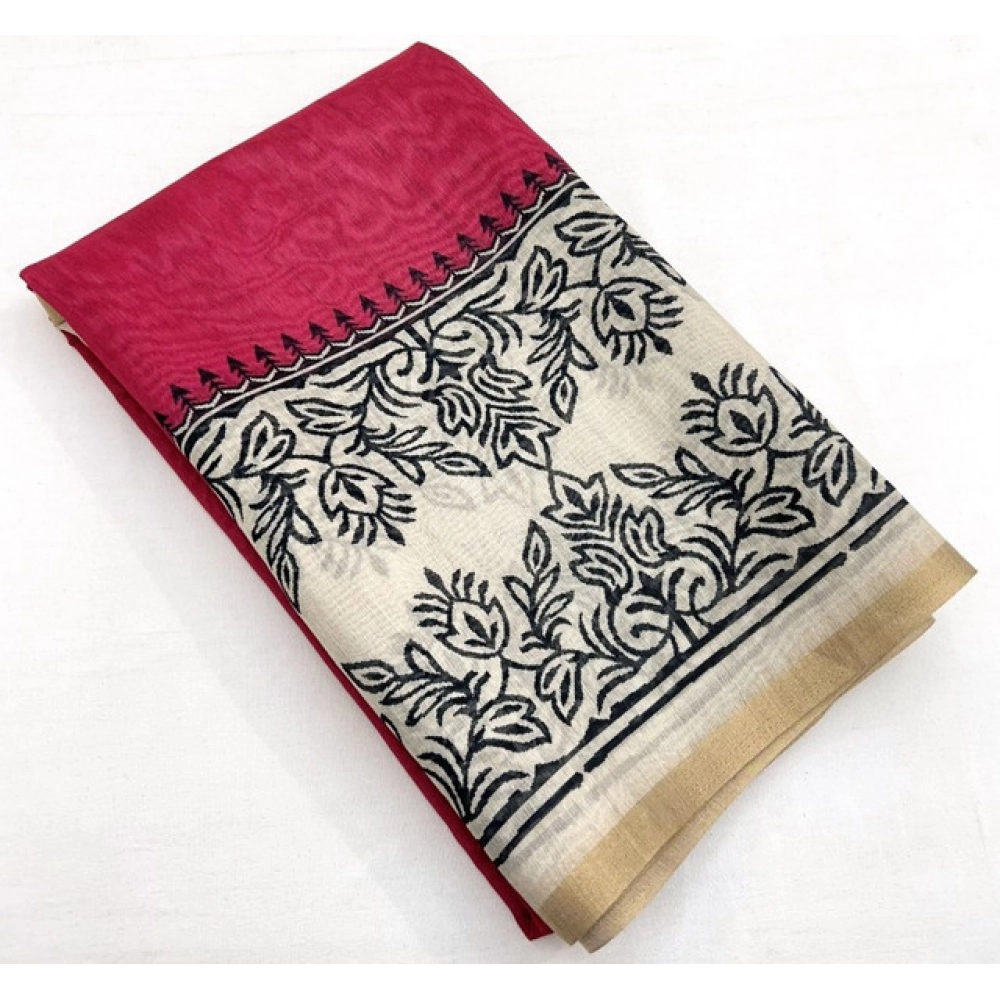 Generic Women's Chanderi Printed Saree With Unstitched Blouse 5.5Mtr (Pink) - Image 4