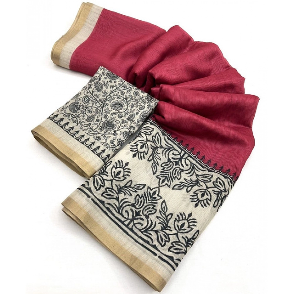 Generic Women's Chanderi Printed Saree With Unstitched Blouse 5.5Mtr (Pink) - Image 3