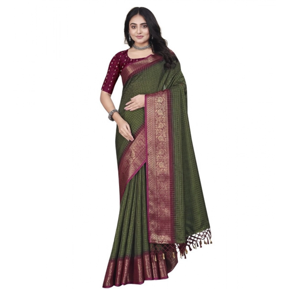 Generic Women's Cotton Blend Checkered Saree With Unstitched Blouse 5.5Mtr (Green) - Image 7
