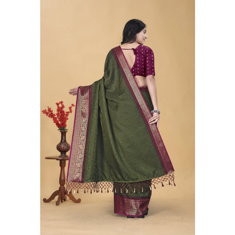 Generic Women's Cotton Blend Checkered Saree With Unstitched Blouse 5.5Mtr (Green) - Image 6