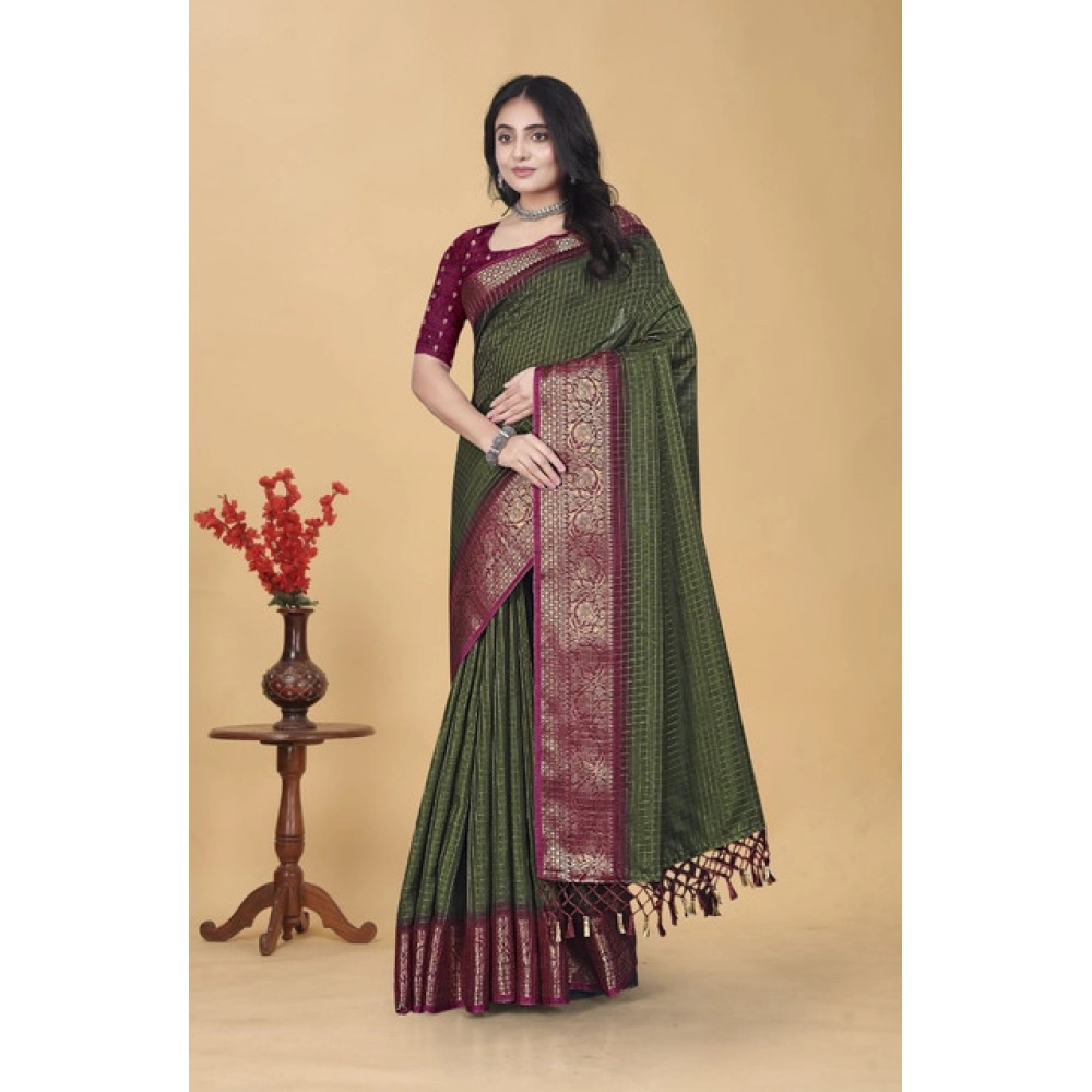 Generic Women's Cotton Blend Checkered Saree With Unstitched Blouse 5.5Mtr (Green) - Image 5