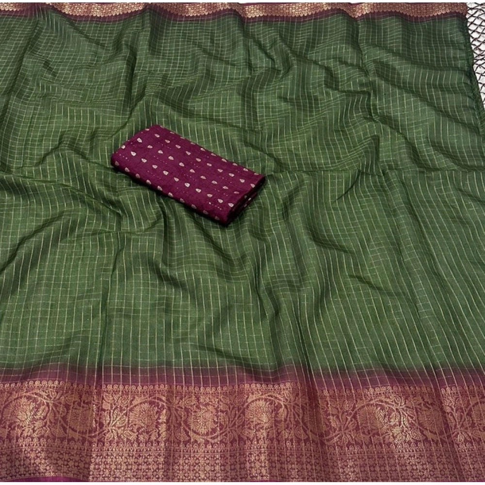Generic Women's Cotton Blend Checkered Saree With Unstitched Blouse 5.5Mtr (Green) - Image 3