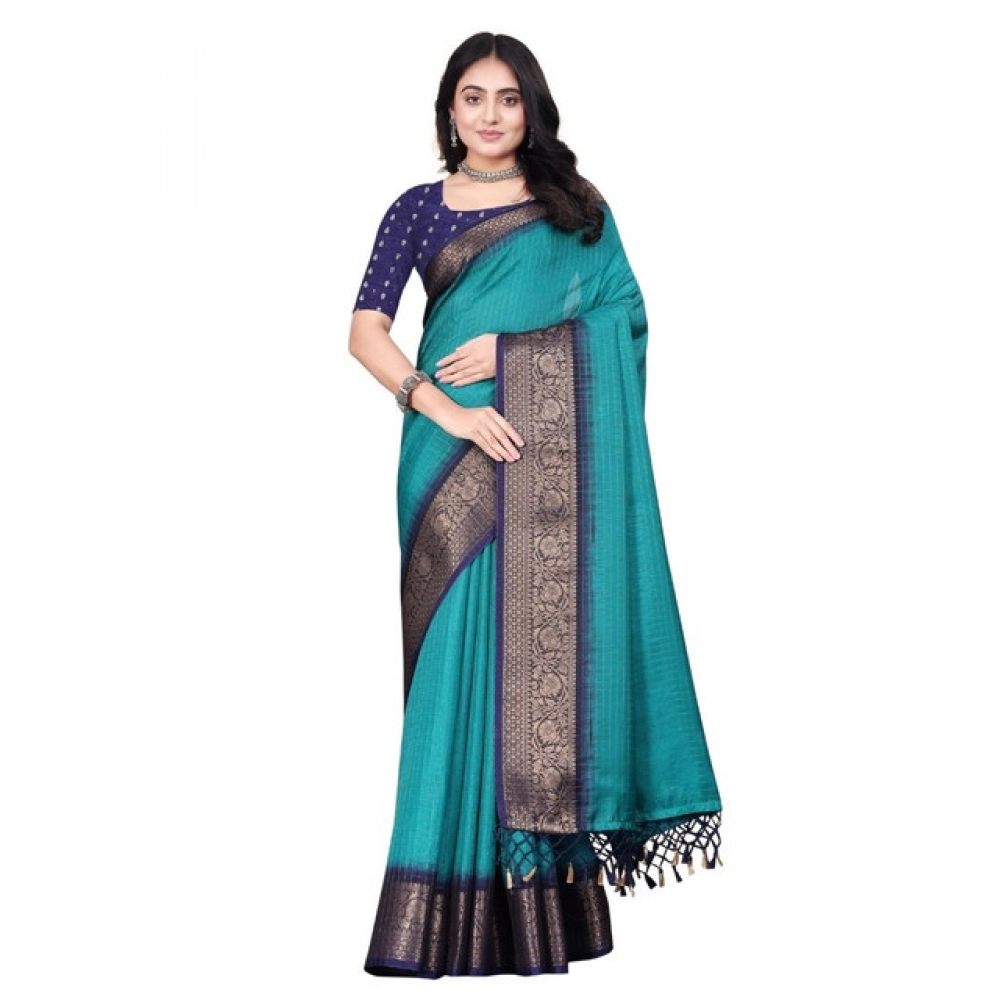 Generic Women's Cotton Blend Checkered Saree With Unstitched Blouse 5.5Mtr (Teal Green) - Image 7