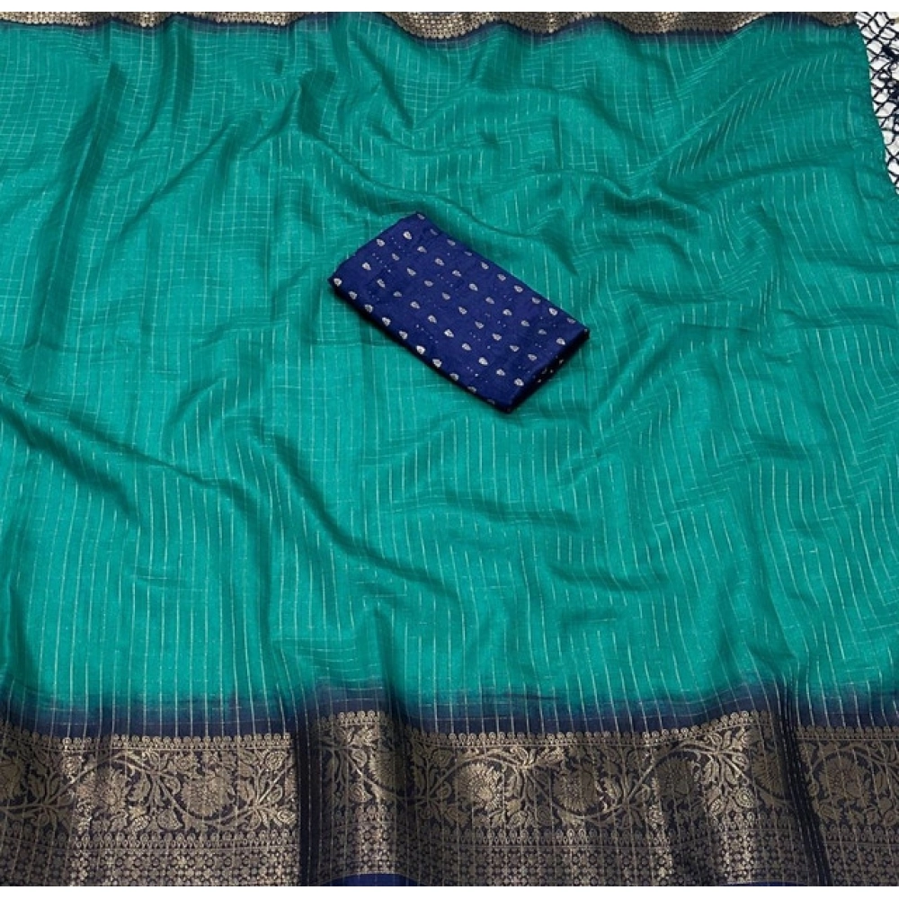 Generic Women's Cotton Blend Checkered Saree With Unstitched Blouse 5.5Mtr (Teal Green) - Image 3