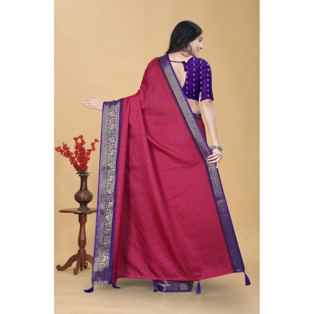 Generic Women's Cotton Blend Checkered Saree With Unstitched Blouse 5.5Mtr (Pink) - Image 6