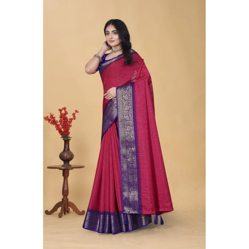Generic Women's Cotton Blend Checkered Saree With Unstitched Blouse 5.5Mtr (Pink) - Image 5