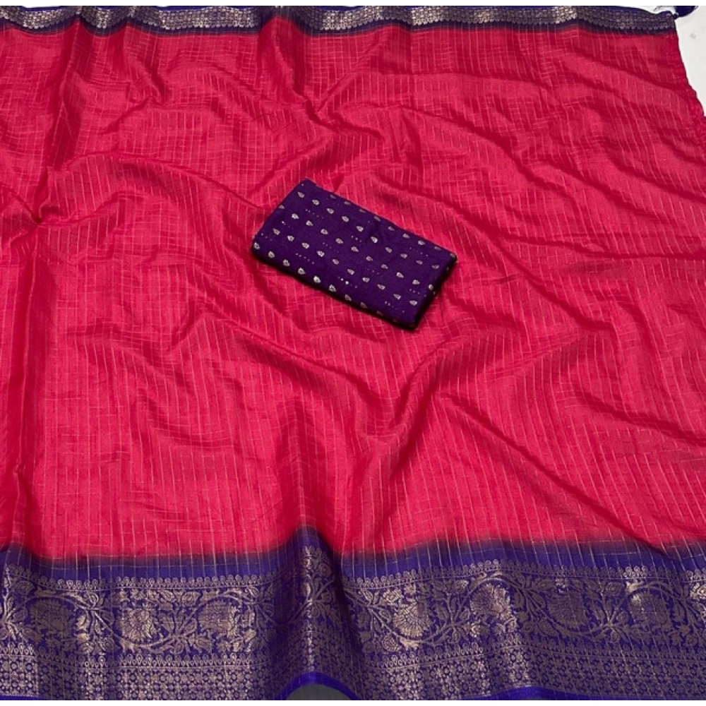Generic Women's Cotton Blend Checkered Saree With Unstitched Blouse 5.5Mtr (Pink) - Image 3