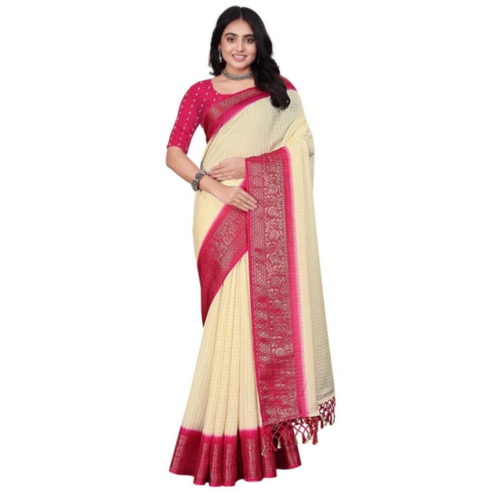 Generic Women's Cotton Blend Checkered Saree With Unstitched Blouse 5.5Mtr (Multicolor) - Image 7