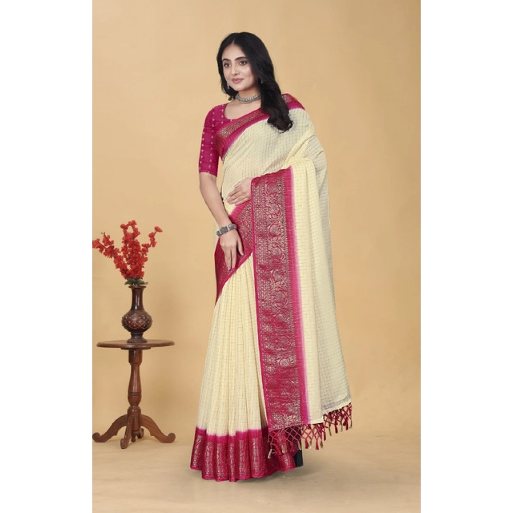 Generic Women's Cotton Blend Checkered Saree With Unstitched Blouse 5.5Mtr (Multicolor) - Image 5