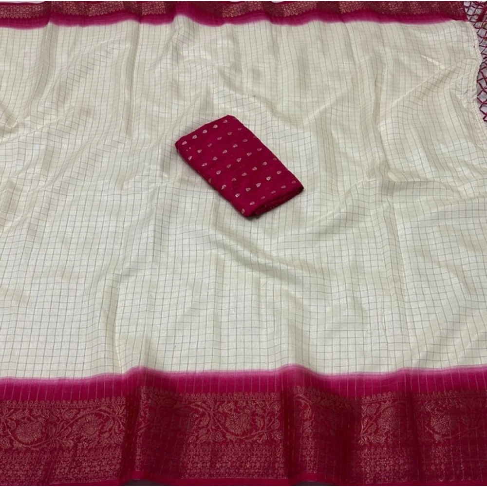 Generic Women's Cotton Blend Checkered Saree With Unstitched Blouse 5.5Mtr (Multicolor) - Image 3