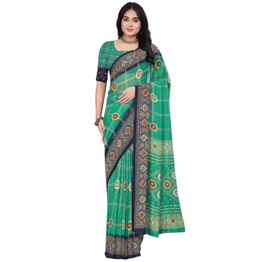 Generic Women's Art Silk Printed Saree With Unstitched Blouse 5.5Mtr (Green) - Image 6