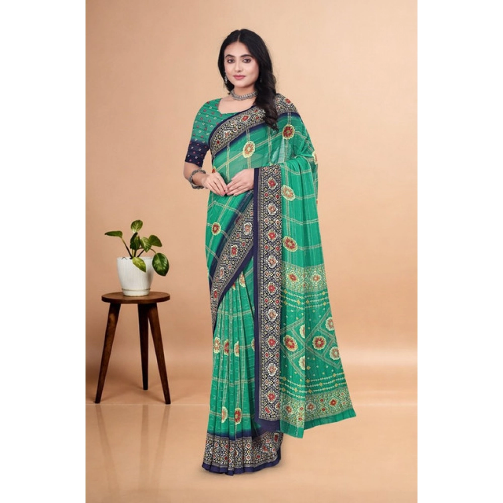 Generic Women's Art Silk Printed Saree With Unstitched Blouse 5.5Mtr (Green) - Image 4