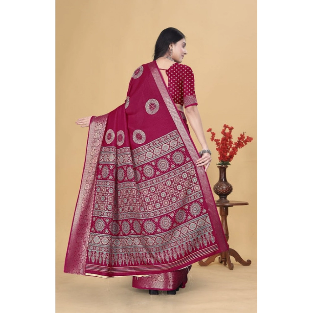 Generic Women's Art Silk Printed Saree With Unstitched Blouse 5.5Mtr (Pink) - Image 5
