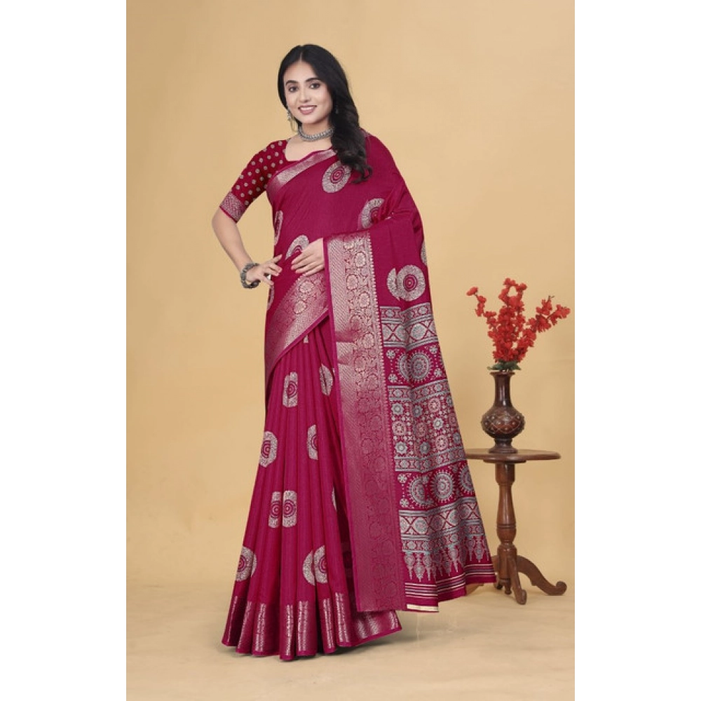 Generic Women's Art Silk Printed Saree With Unstitched Blouse 5.5Mtr (Pink) - Image 4