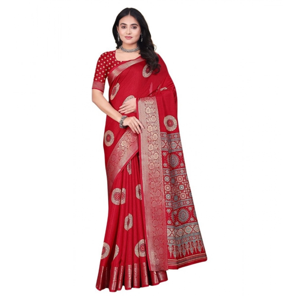 Generic Women's Art Silk Printed Saree With Unstitched Blouse 5.5Mtr (Red) - Image 6