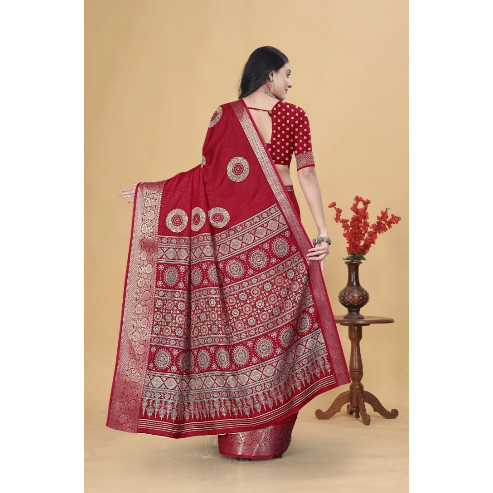 Generic Women's Art Silk Printed Saree With Unstitched Blouse 5.5Mtr (Red) - Image 5