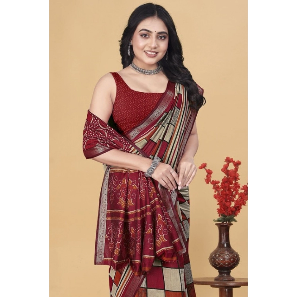 Generic Women’s Dupion Silk Block Printed Saree With Unstitched Blouse 5.5Mtr (Multicolor)